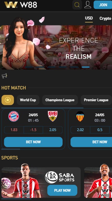 W88 Lite home screen with featured games, hot matches and live sports