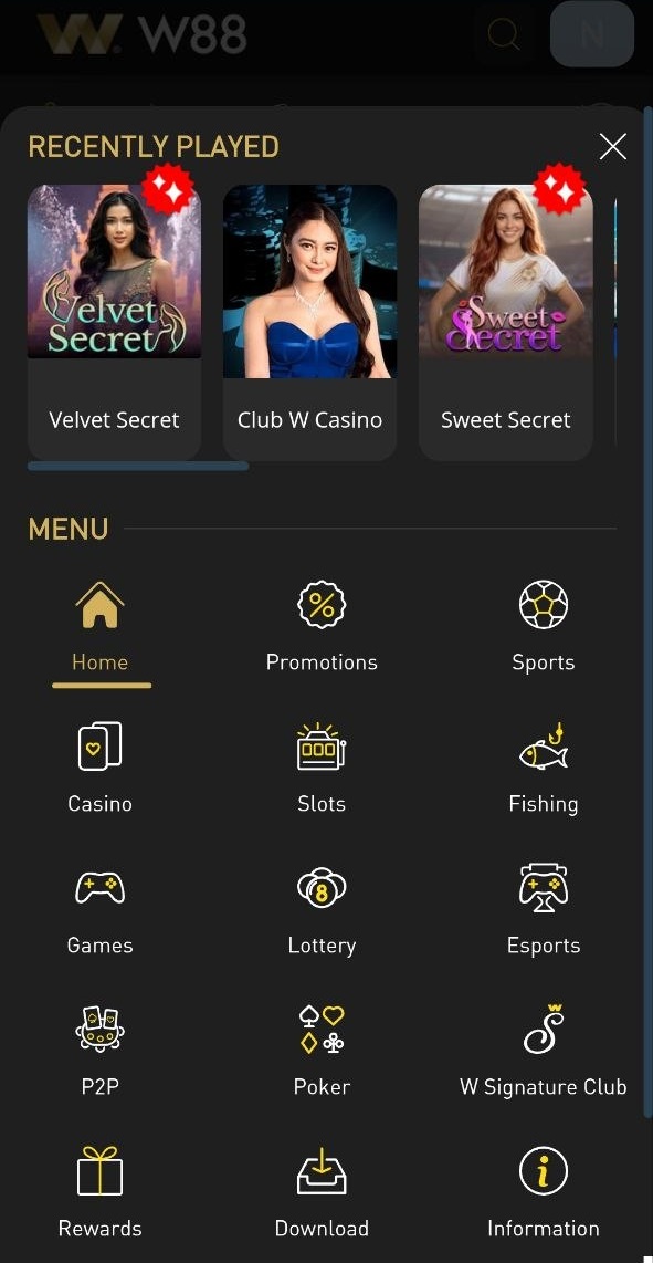 W88 Lite main menu — Casino, Slots, Sports, Lottery, Poker, P2P, Esports