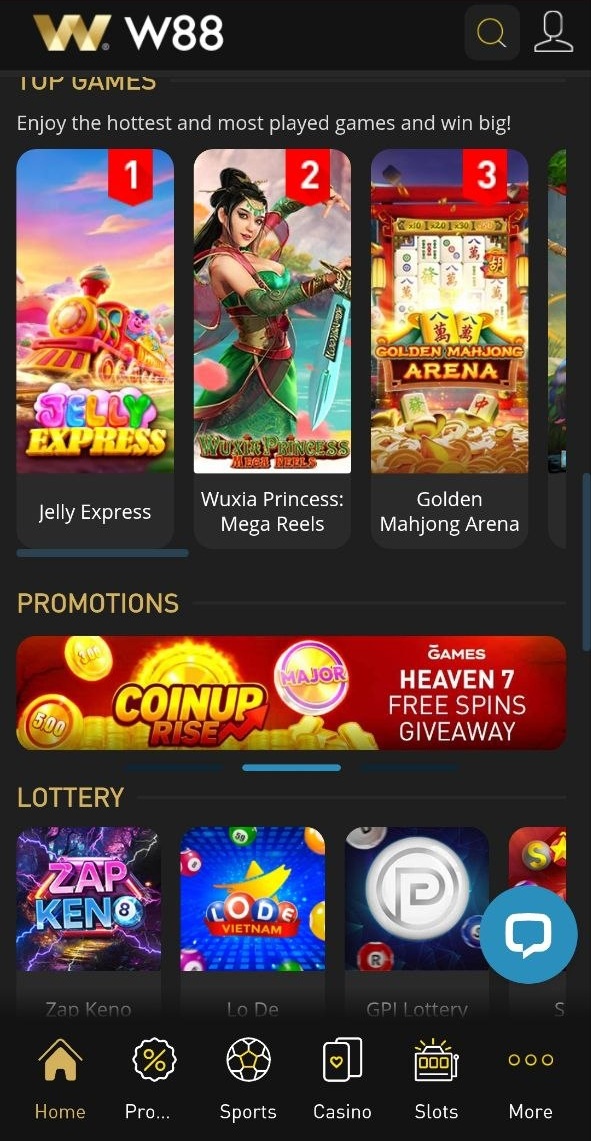 W88 Lite top games and daily promotions on the home screen